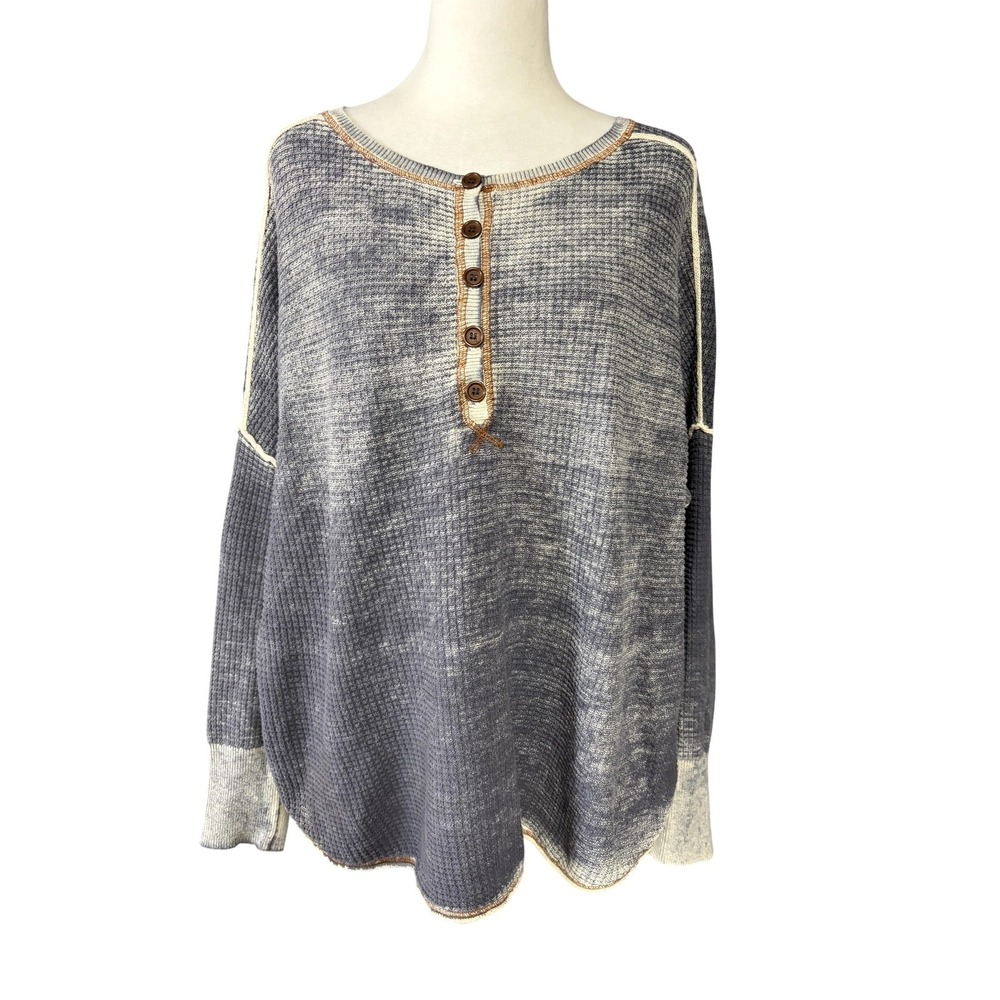 Sundance Womens Tunic Top M Blue Waffle Knit Henley Long Sleeve Oversized